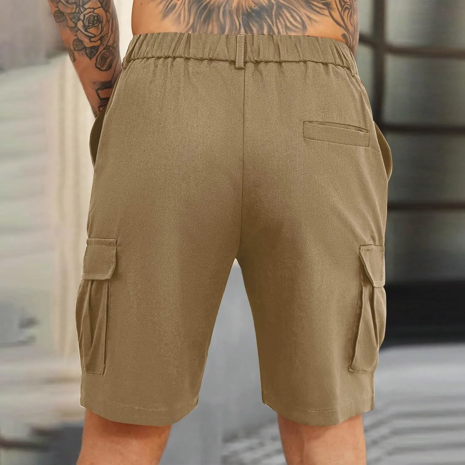 Mens Pleated Cargo Shorts Tailored Fit Button Waist Shorts with Side Utility Pockets and Clean Summer Styling