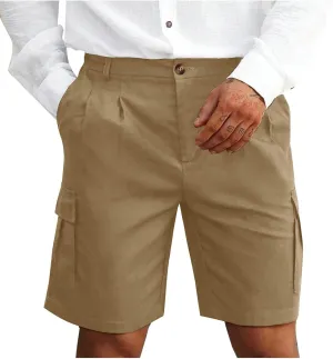 Mens Pleated Cargo Shorts Tailored Fit Button Waist Shorts with Side Utility Pockets and Clean Summer Styling