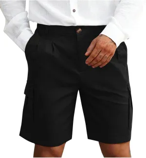 Mens Pleated Cargo Shorts Tailored Fit Button Waist Shorts with Side Utility Pockets and Clean Summer Styling