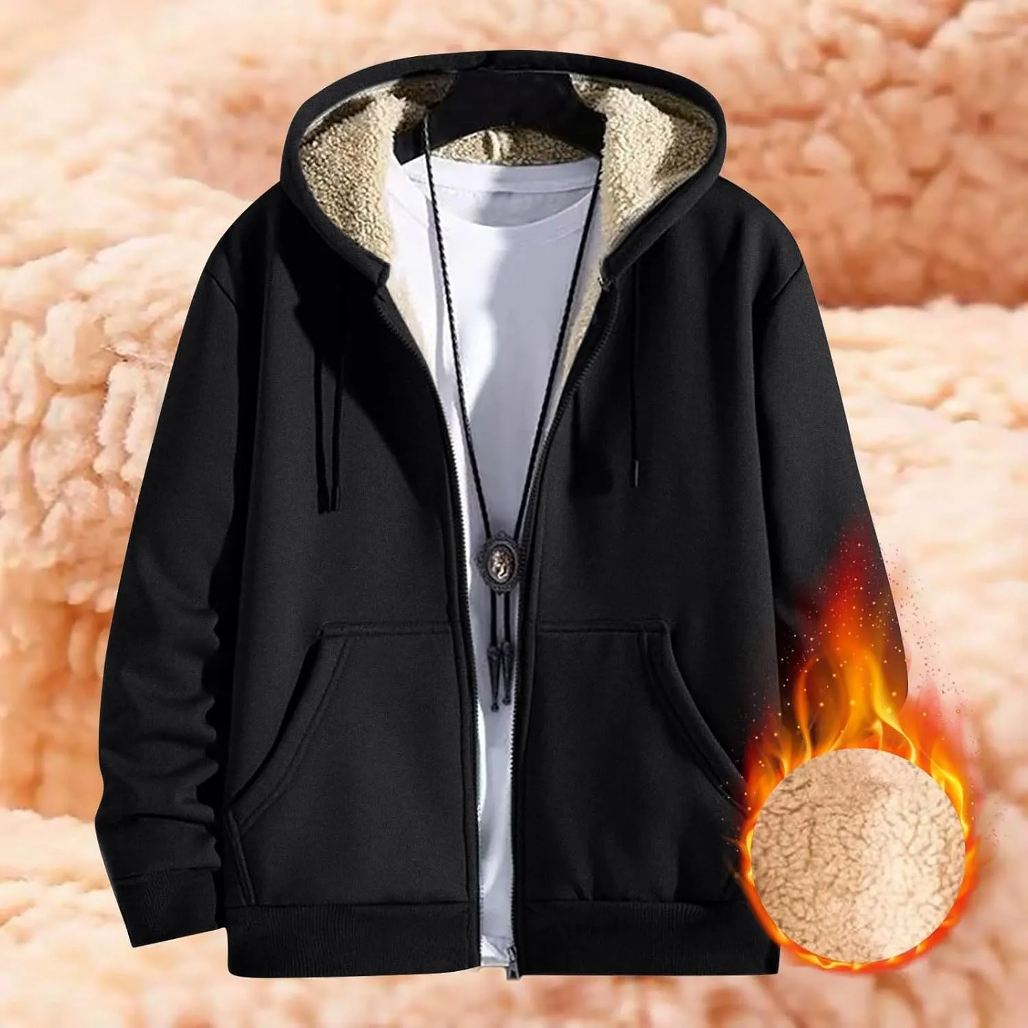 Mens Sherpa Lined Hoodie Zip Up Warm Thick Hoodies Heavyweight Casual Fleece Hooded