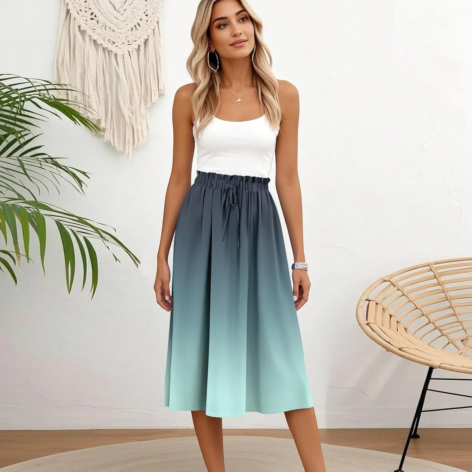 Midi Boho Floral Skirts for Women Trendy A Line Skirt Drawstring High Elastic Waist Comfy Flowy Skorts