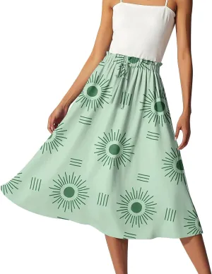 Midi Boho Floral Skirts for Women Trendy A Line Skirt Drawstring High Elastic Waist Comfy Flowy Skorts
