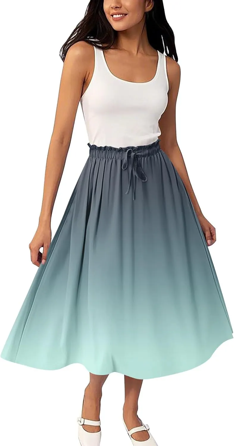 Midi Boho Floral Skirts for Women Trendy A Line Skirt Drawstring High Elastic Waist Comfy Flowy Skorts