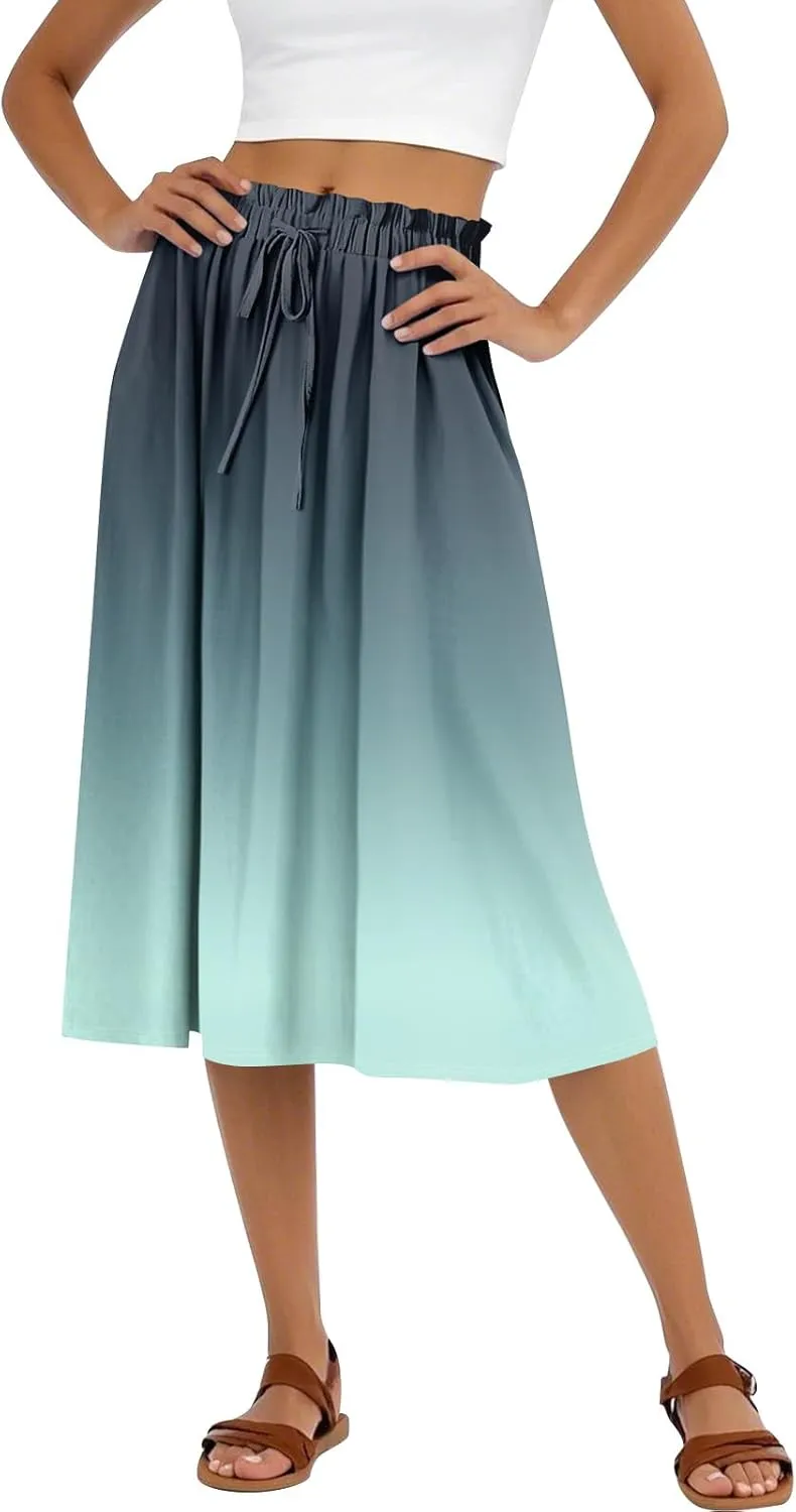 Midi Boho Floral Skirts for Women Trendy A Line Skirt Drawstring High Elastic Waist Comfy Flowy Skorts