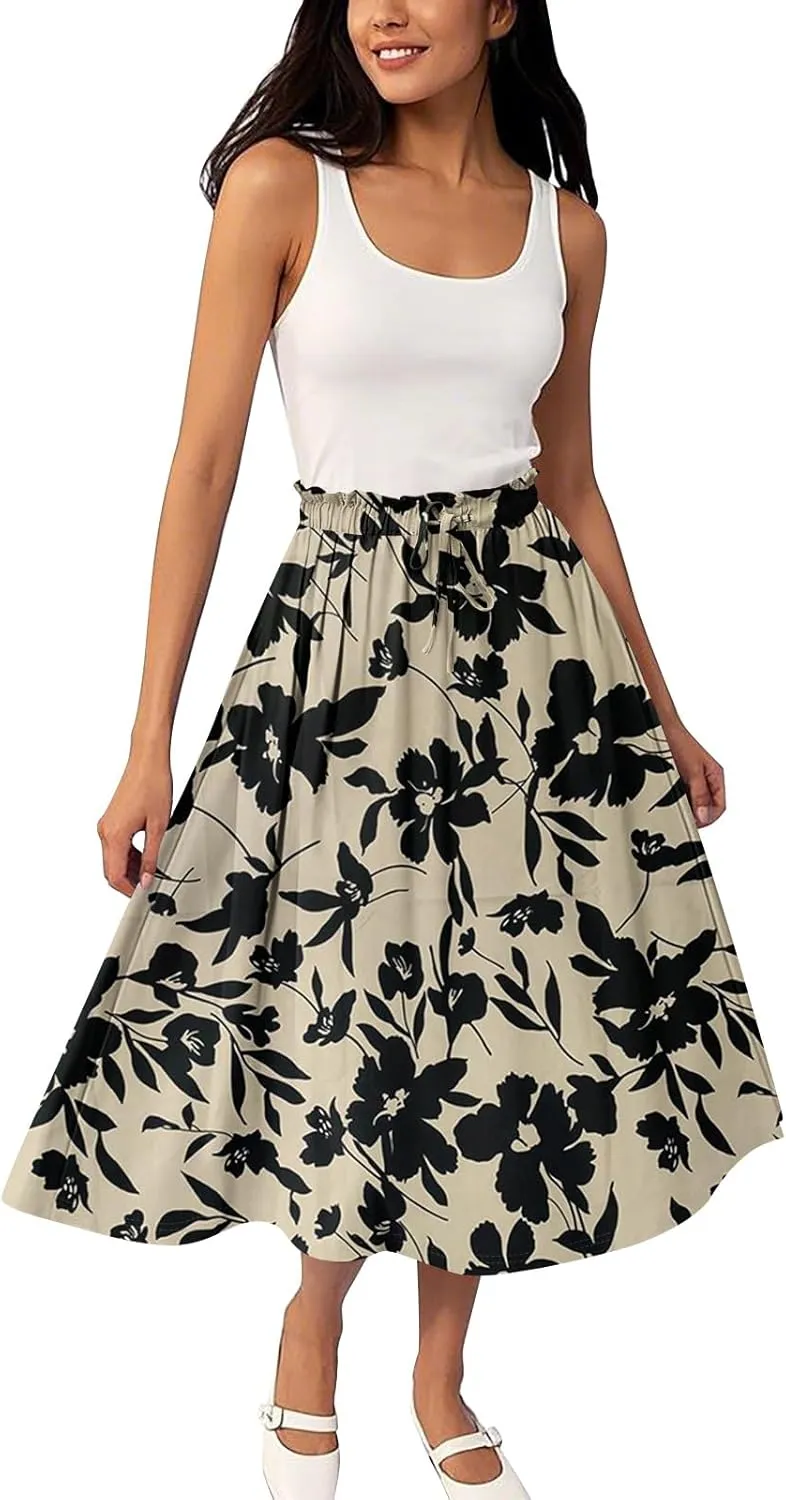 Midi Boho Floral Skirts for Women Trendy Comfy Flowy Drawstring High Elastic Waist A Line Skirt Skorts