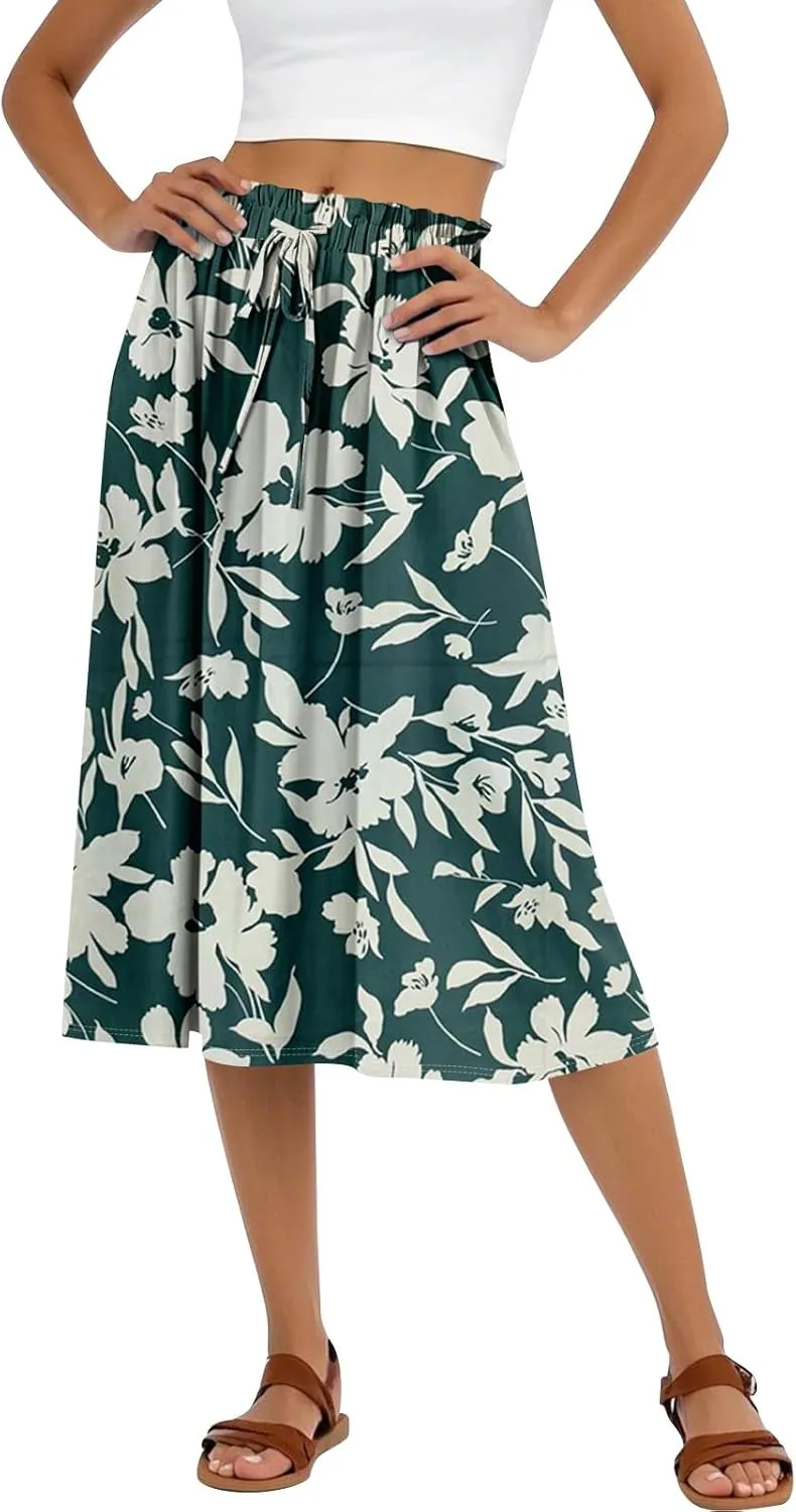 Midi Boho Floral Skirts for Women Trendy Comfy Flowy Drawstring High Elastic Waist A Line Skirt Skorts