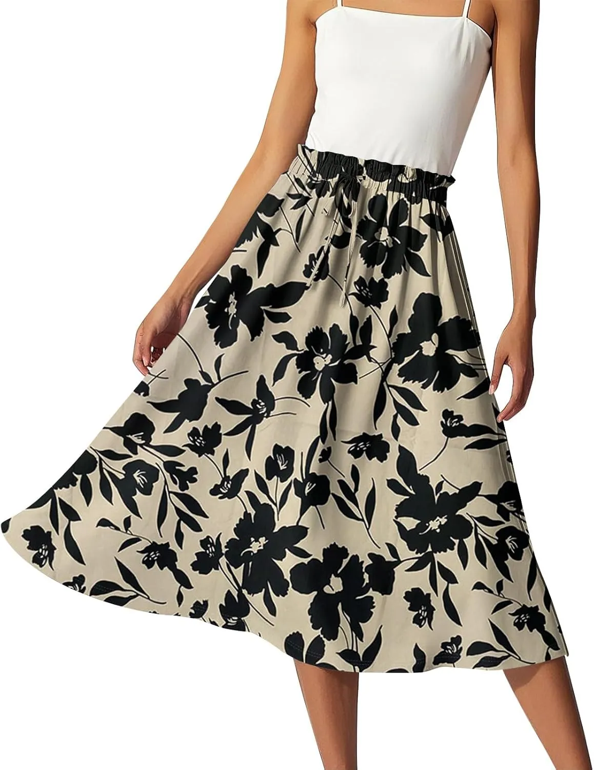 Midi Boho Floral Skirts for Women Trendy Comfy Flowy Drawstring High Elastic Waist A Line Skirt Skorts