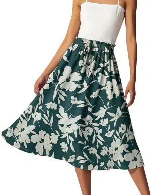 Midi Boho Floral Skirts for Women Trendy Comfy Flowy Drawstring High Elastic Waist A Line Skirt Skorts
