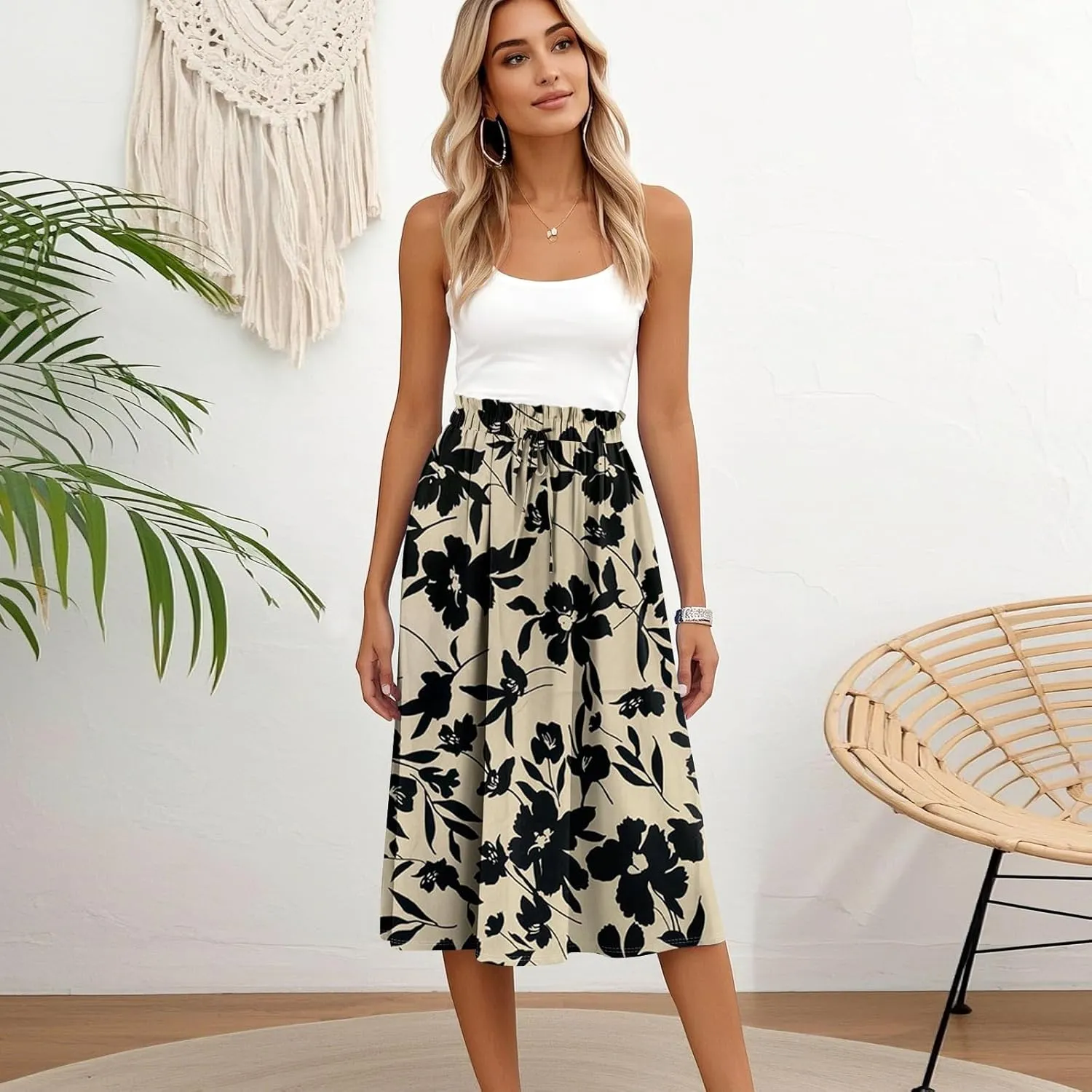 Midi Boho Floral Skirts for Women Trendy Comfy Flowy Drawstring High Elastic Waist A Line Skirt Skorts