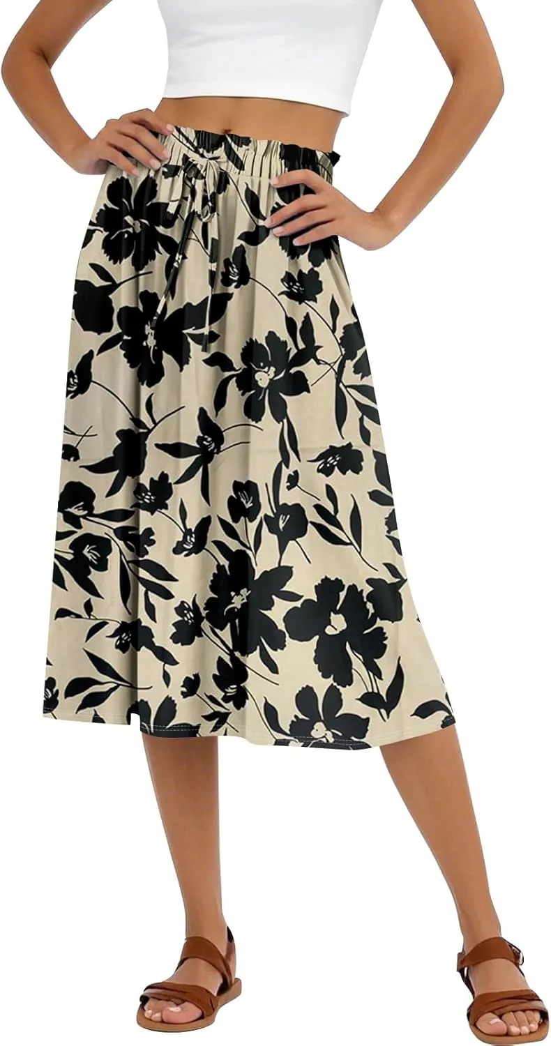 Midi Boho Floral Skirts for Women Trendy Comfy Flowy Drawstring High Elastic Waist A Line Skirt Skorts
