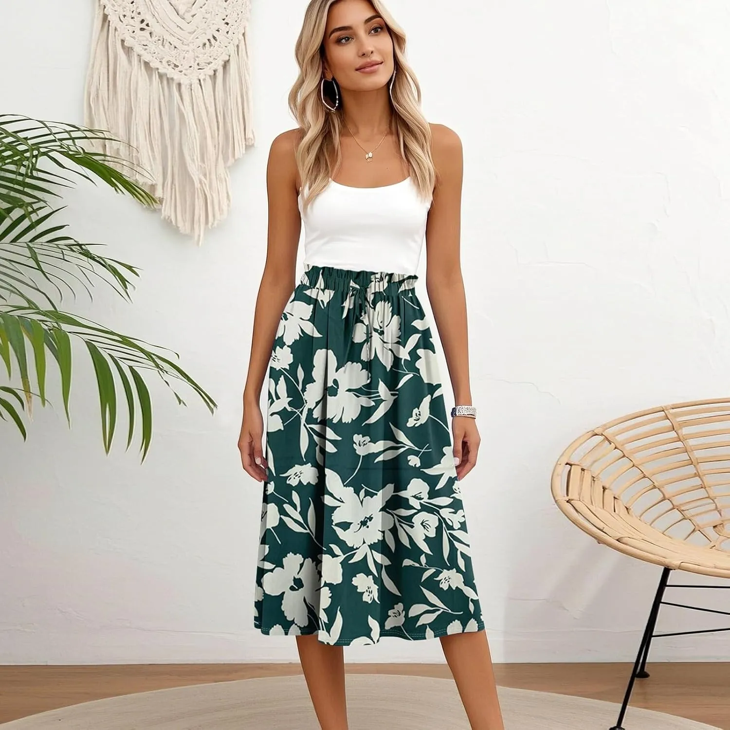 Midi Boho Floral Skirts for Women Trendy Comfy Flowy Drawstring High Elastic Waist A Line Skirt Skorts