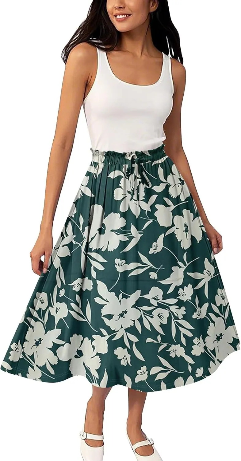 Midi Boho Floral Skirts for Women Trendy Comfy Flowy Drawstring High Elastic Waist A Line Skirt Skorts
