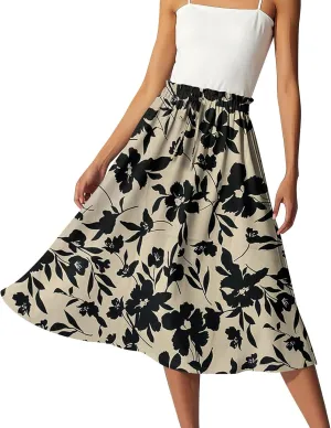 Midi Boho Floral Skirts for Women Trendy Comfy Flowy Drawstring High Elastic Waist A Line Skirt Skorts