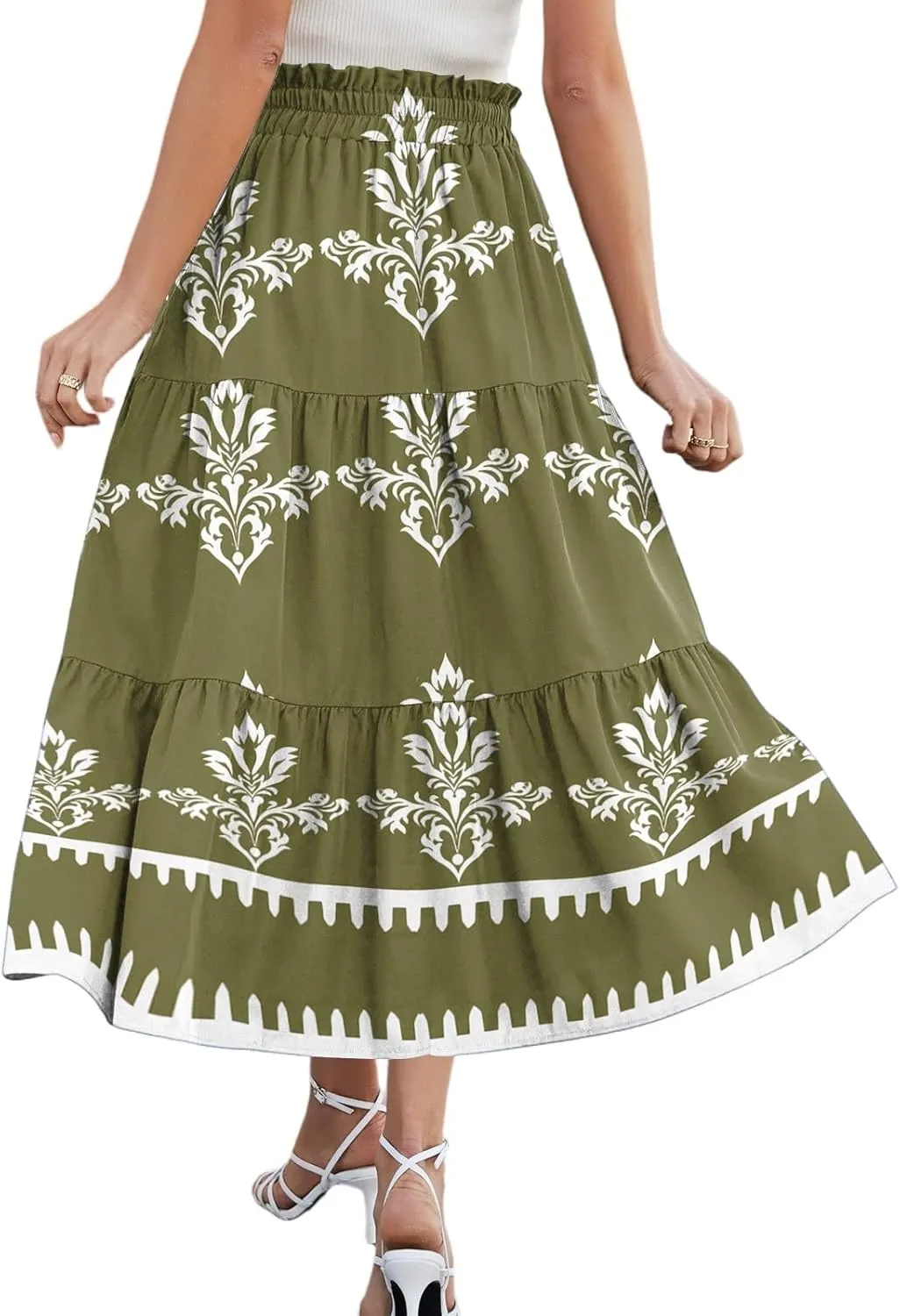 Midi Boho Floral Skirts for Women Trendy Tiered A Line Skirt Comfy Flowy Drawstring High Elastic Waist Skorts with Pockets