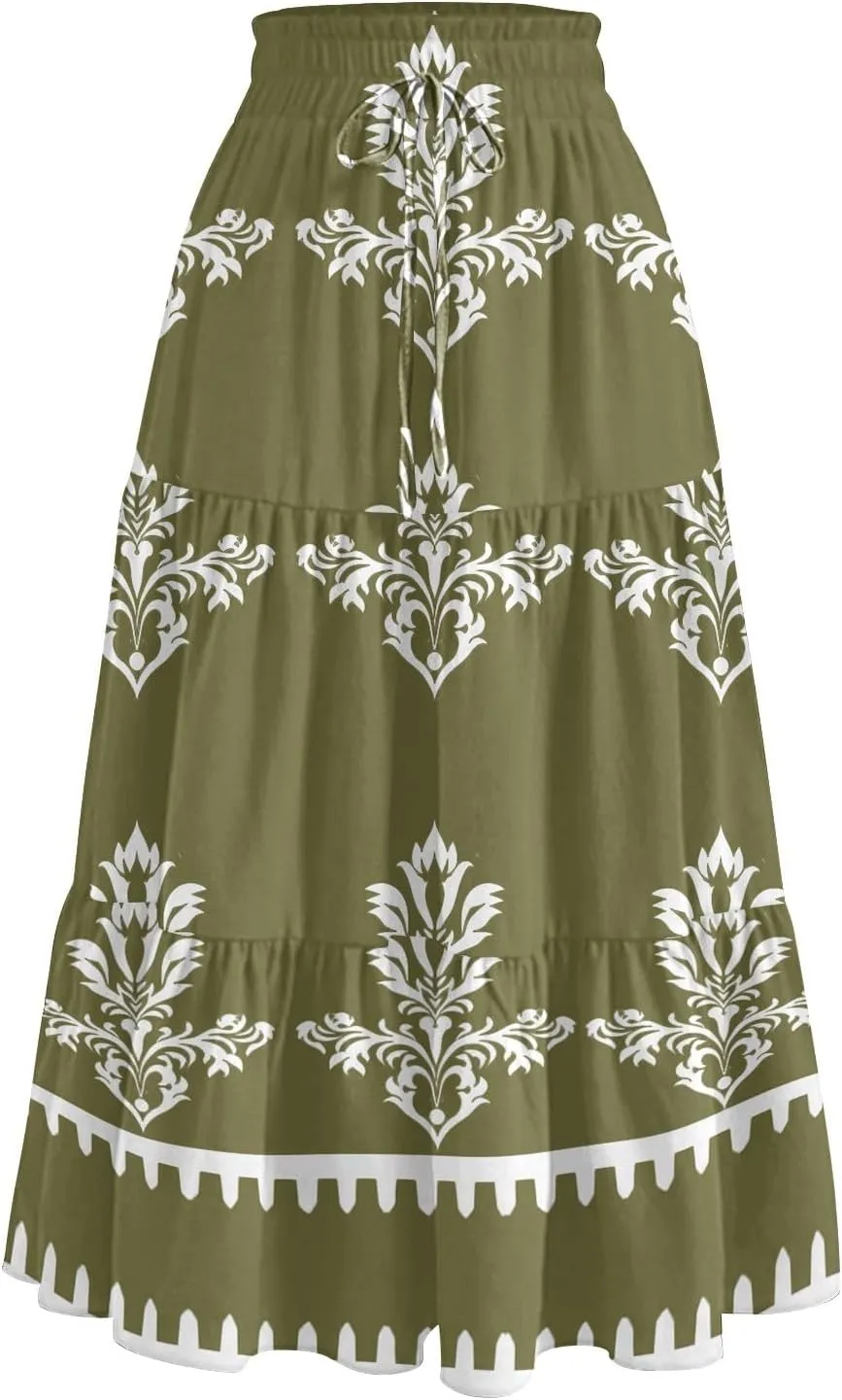 Midi Boho Floral Skirts for Women Trendy Tiered A Line Skirt Comfy Flowy Drawstring High Elastic Waist Skorts with Pockets