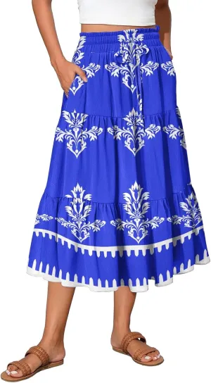Midi Boho Floral Skirts for Women Trendy Tiered A Line Skirt Comfy Flowy Drawstring High Elastic Waist Skorts with Pockets