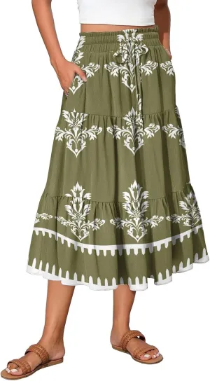 Midi Boho Floral Skirts for Women Trendy Tiered A Line Skirt Comfy Flowy Drawstring High Elastic Waist Skorts with Pockets