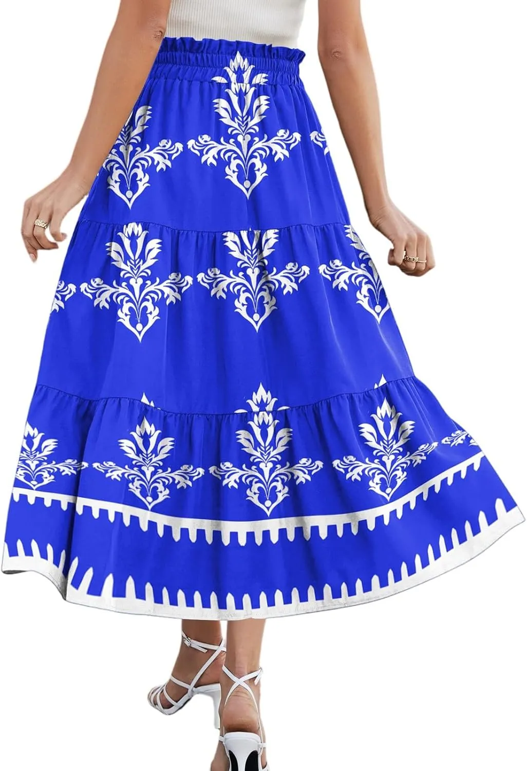 Midi Boho Floral Skirts for Women Trendy Tiered A Line Skirt Comfy Flowy Drawstring High Elastic Waist Skorts with Pockets
