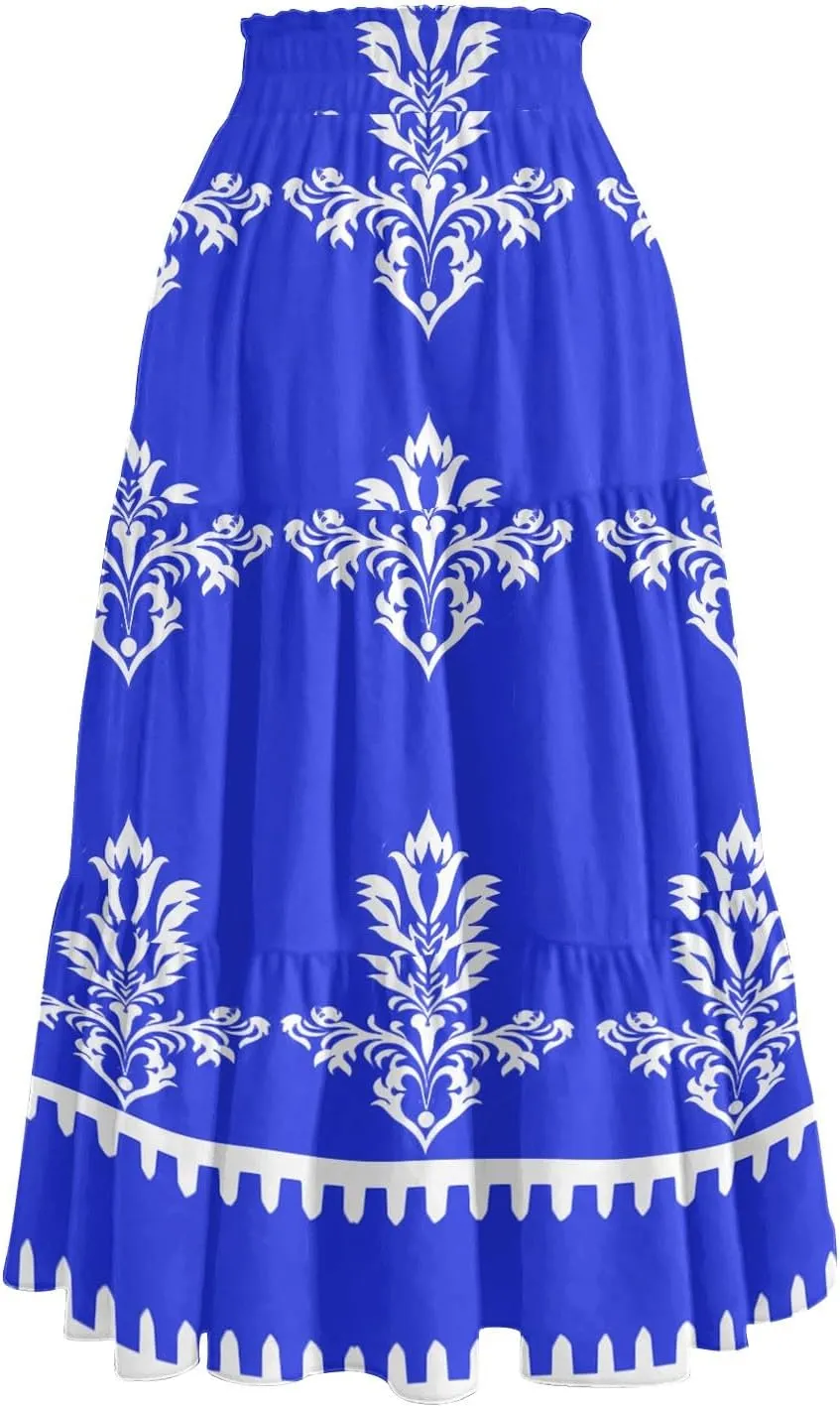 Midi Boho Floral Skirts for Women Trendy Tiered A Line Skirt Comfy Flowy Drawstring High Elastic Waist Skorts with Pockets