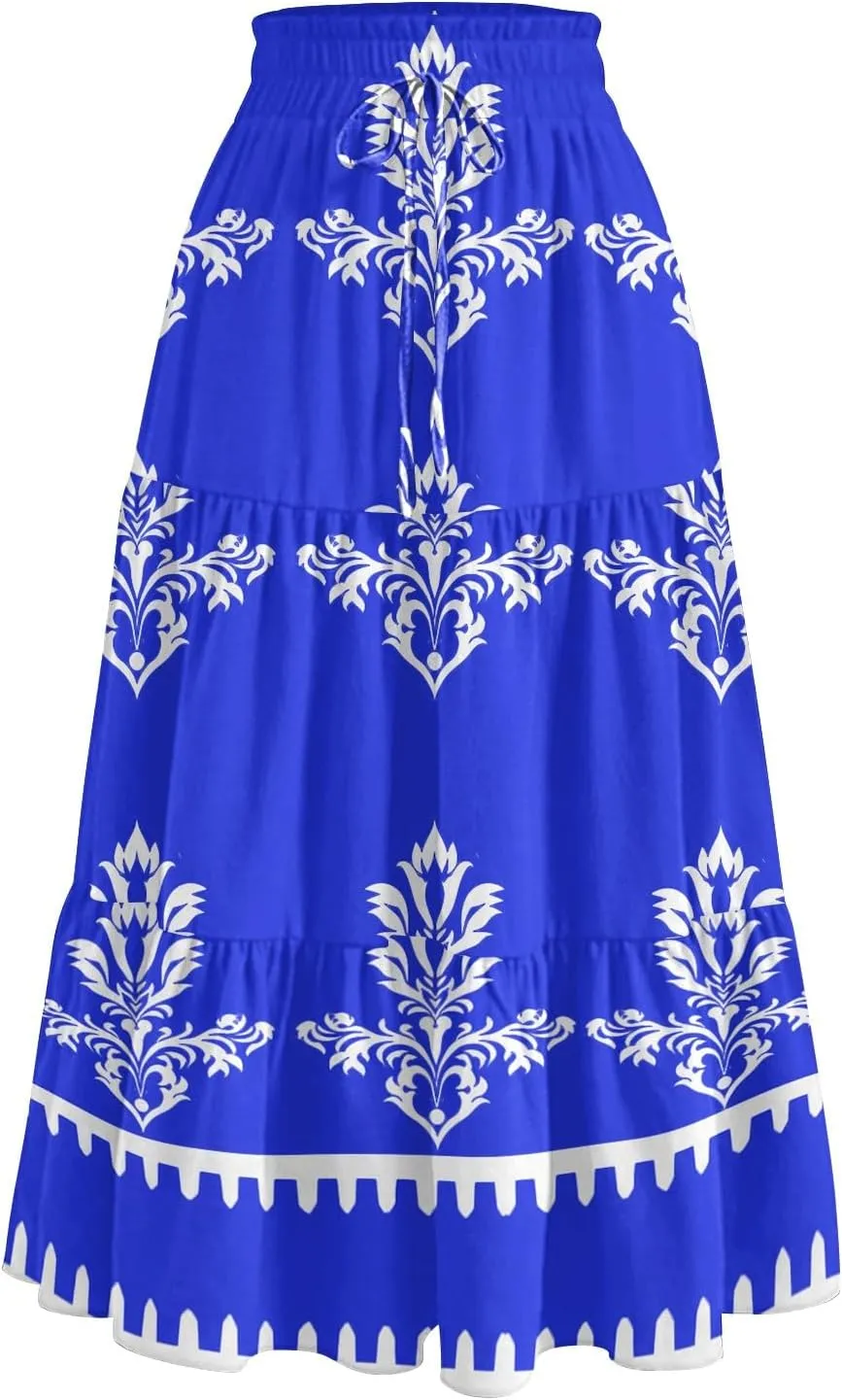 Midi Boho Floral Skirts for Women Trendy Tiered A Line Skirt Comfy Flowy Drawstring High Elastic Waist Skorts with Pockets