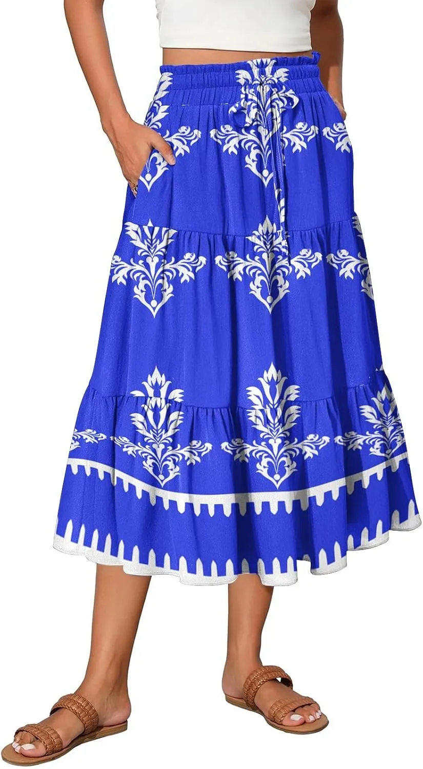 Midi Boho Floral Skirts for Women Trendy Tiered A Line Skirt Comfy Flowy Drawstring High Elastic Waist Skorts with Pockets