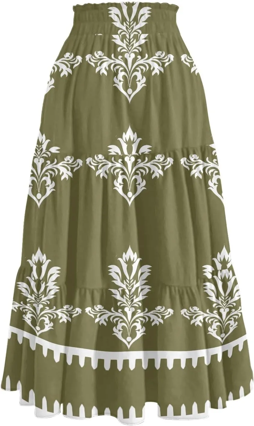 Midi Boho Floral Skirts for Women Trendy Tiered A Line Skirt Comfy Flowy Drawstring High Elastic Waist Skorts with Pockets