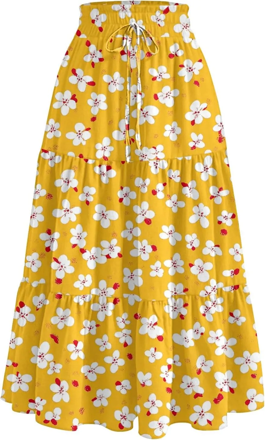 Midi Boho Floral Skirts for Women Trendy Tiered A Line Skirt Drawstring High Elastic Waist Comfy Flowy Skorts with Pockets