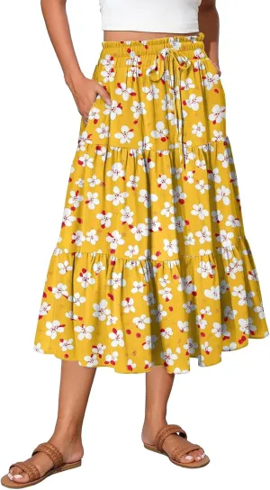 Midi Boho Floral Skirts for Women Trendy Tiered A Line Skirt Drawstring High Elastic Waist Comfy Flowy Skorts with Pockets