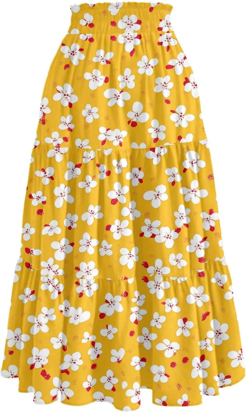 Midi Boho Floral Skirts for Women Trendy Tiered A Line Skirt Drawstring High Elastic Waist Comfy Flowy Skorts with Pockets