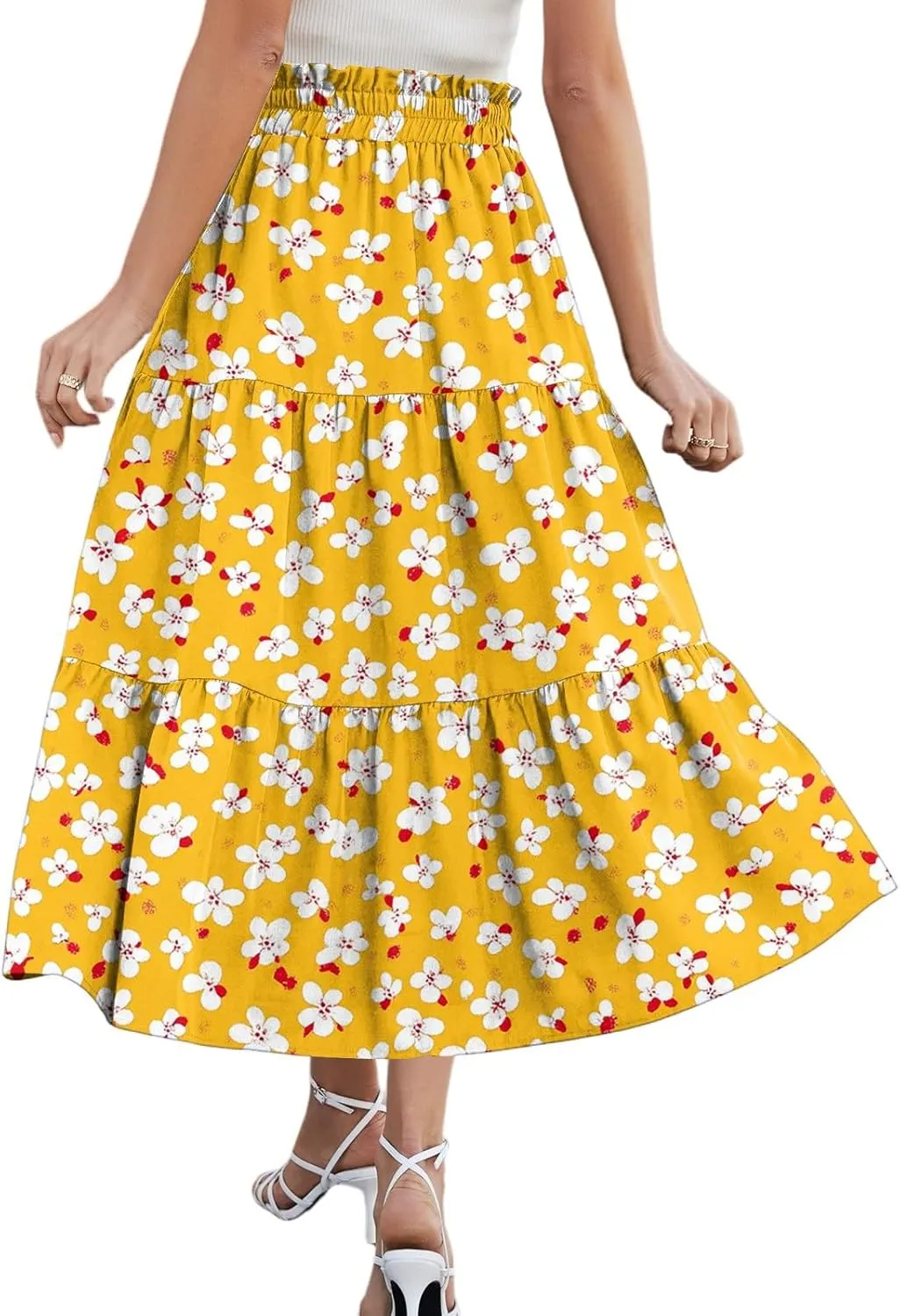 Midi Boho Floral Skirts for Women Trendy Tiered A Line Skirt Drawstring High Elastic Waist Comfy Flowy Skorts with Pockets