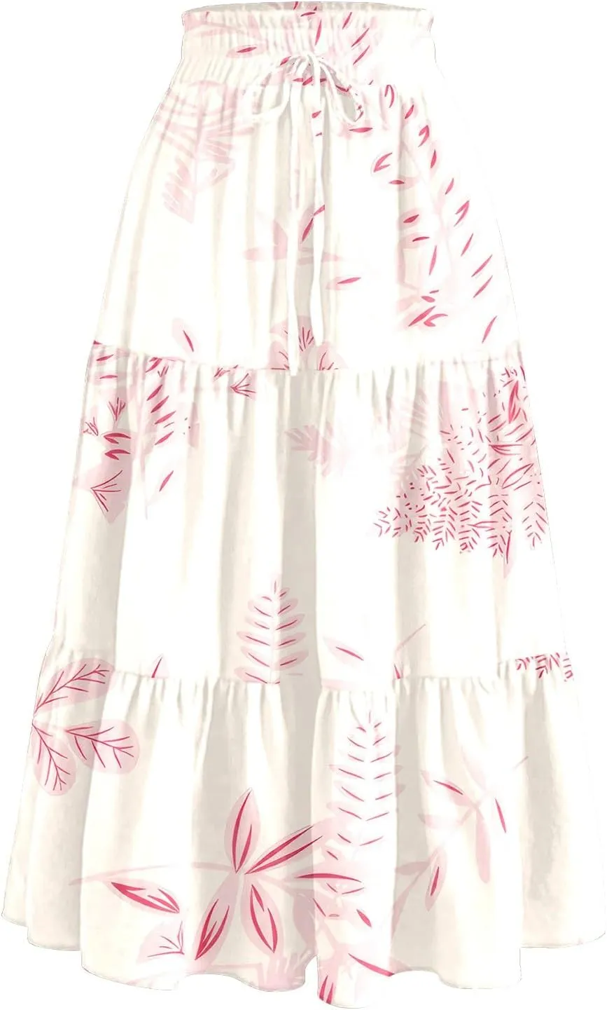 Midi Boho Floral Skirts for Women Trendy Tiered Comfy Flowy A Line Skirt Drawstring High Elastic Waist Skorts with Pockets