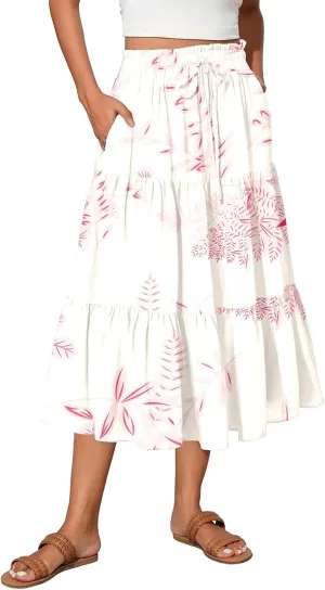Midi Boho Floral Skirts for Women Trendy Tiered Comfy Flowy A Line Skirt Drawstring High Elastic Waist Skorts with Pockets