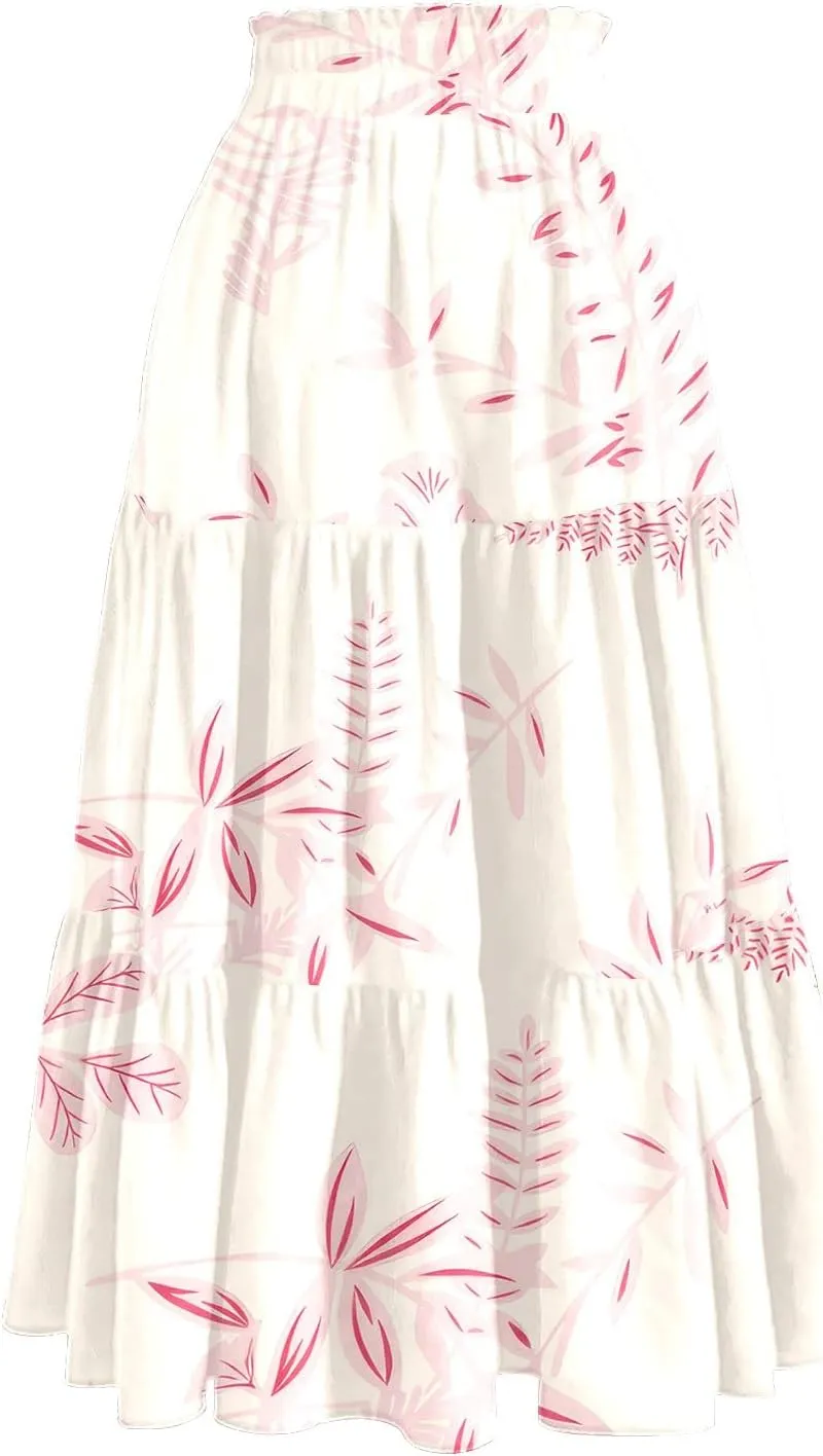 Midi Boho Floral Skirts for Women Trendy Tiered Comfy Flowy A Line Skirt Drawstring High Elastic Waist Skorts with Pockets