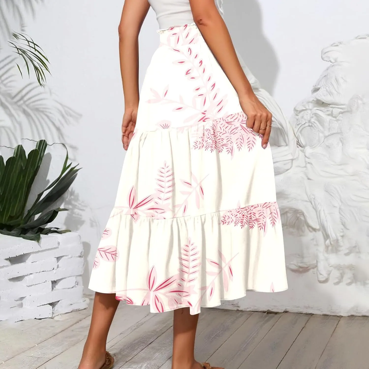 Midi Boho Floral Skirts for Women Trendy Tiered Comfy Flowy A Line Skirt Drawstring High Elastic Waist Skorts with Pockets