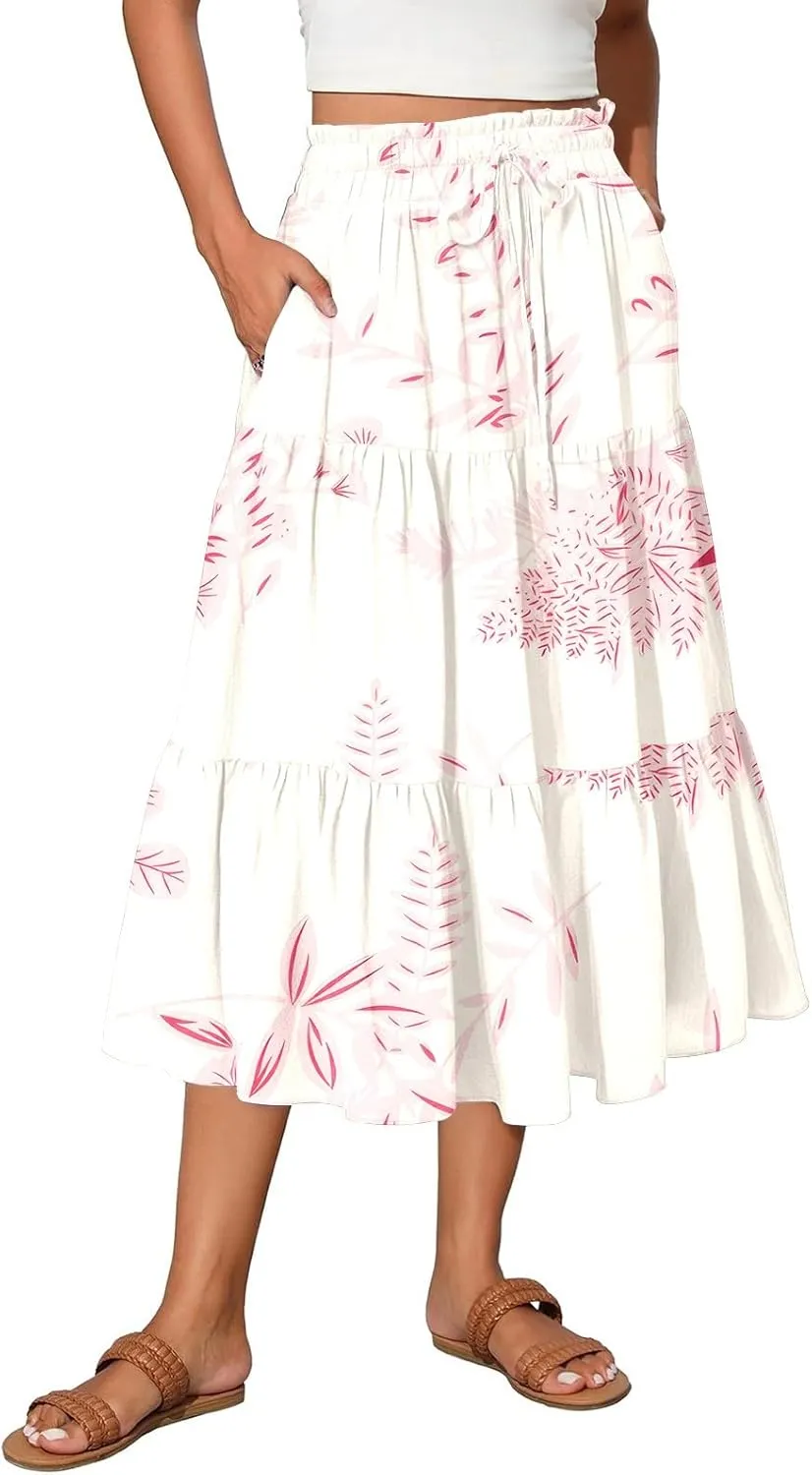 Midi Boho Floral Skirts for Women Trendy Tiered Comfy Flowy A Line Skirt Drawstring High Elastic Waist Skorts with Pockets