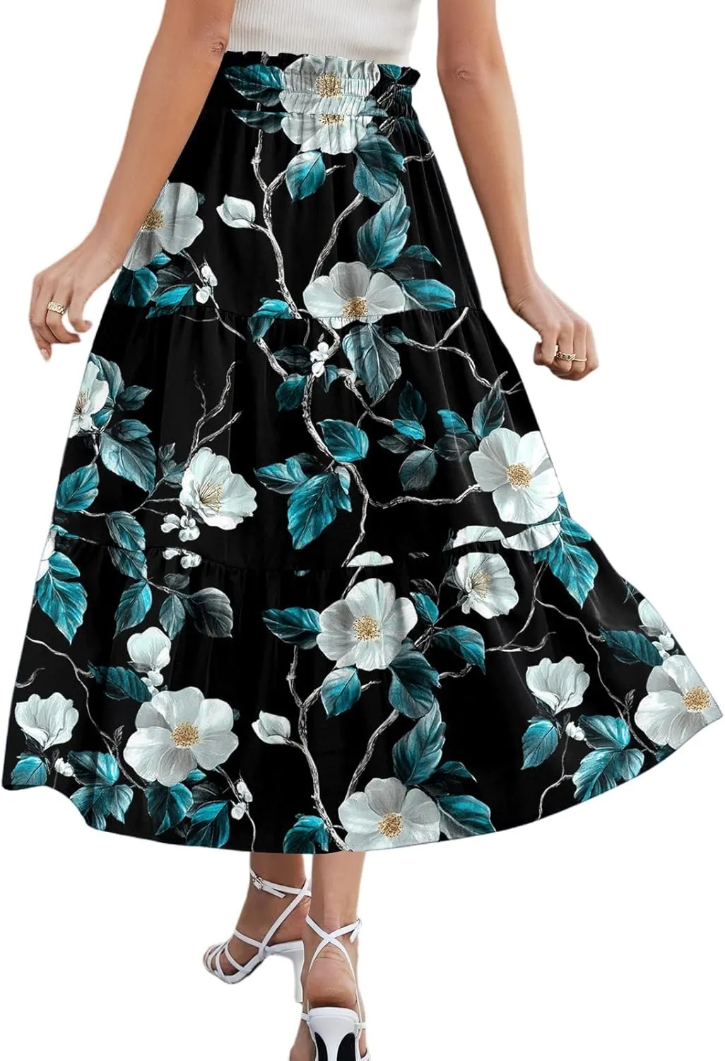 Midi Boho Floral Skirts for Women Trendy Tiered Comfy Flowy Drawstring High Elastic Waist A Line Skirt Skorts with Pockets
