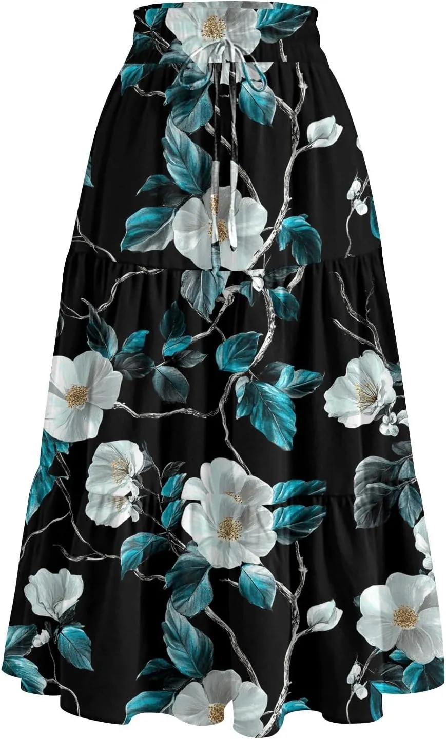 Midi Boho Floral Skirts for Women Trendy Tiered Comfy Flowy Drawstring High Elastic Waist A Line Skirt Skorts with Pockets
