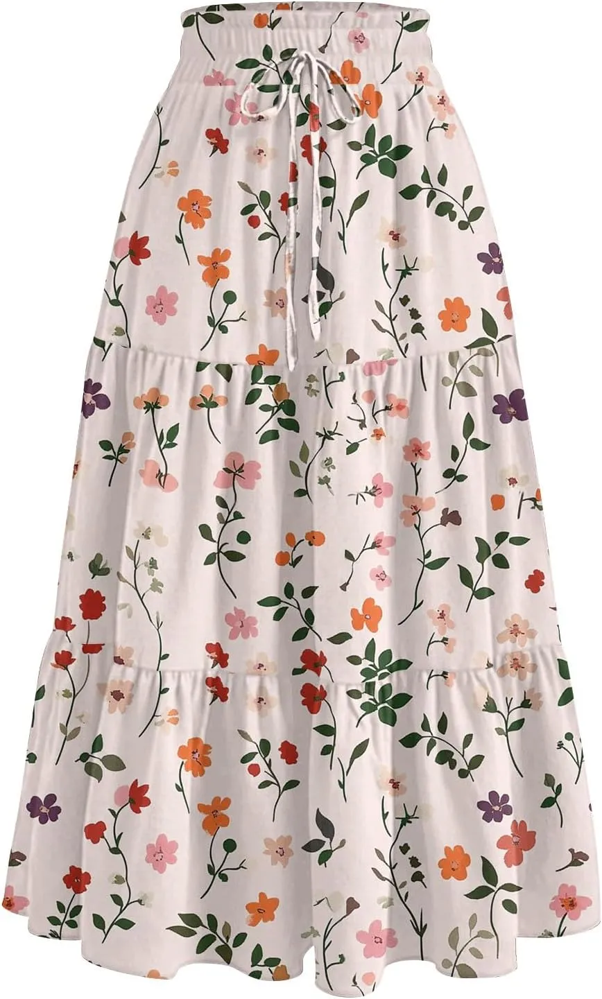 Midi Boho Floral Skirts for Women Trendy Tiered Comfy Flowy Drawstring High Elastic Waist A Line Skirt Skorts with Pockets