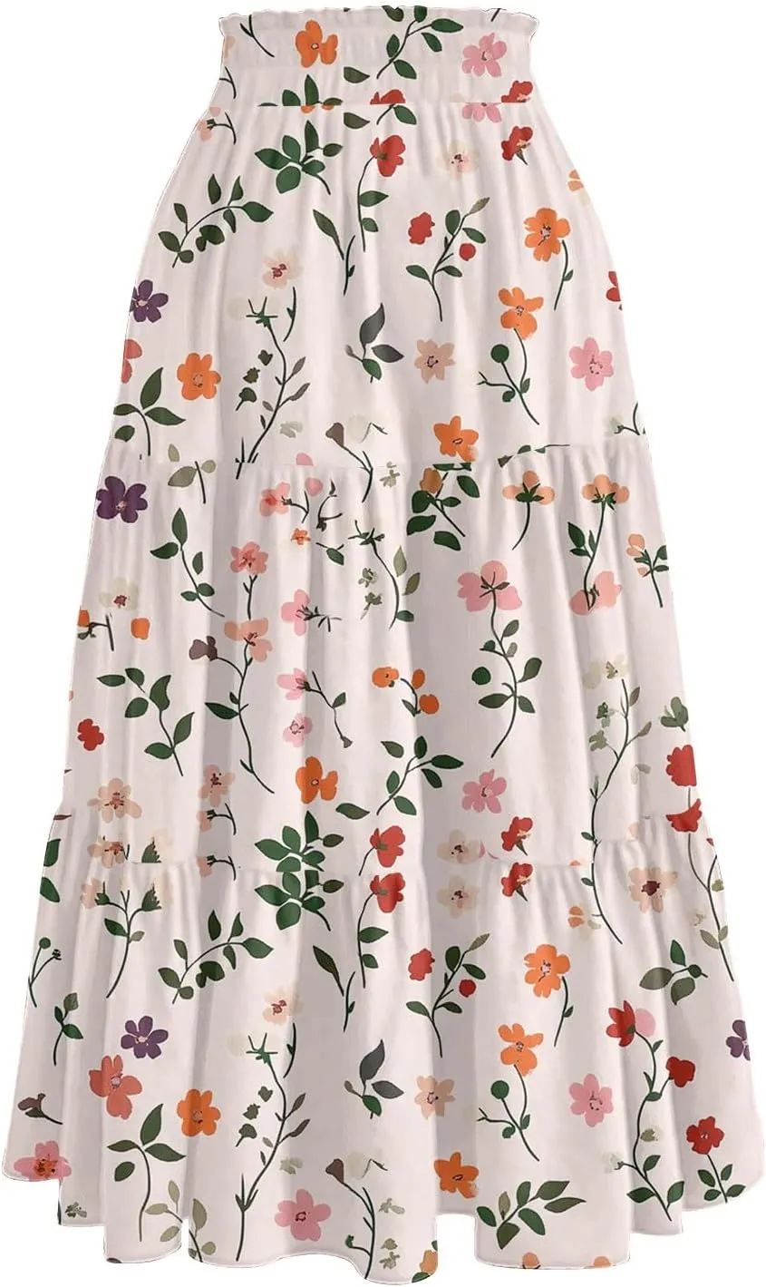 Midi Boho Floral Skirts for Women Trendy Tiered Comfy Flowy Drawstring High Elastic Waist A Line Skirt Skorts with Pockets