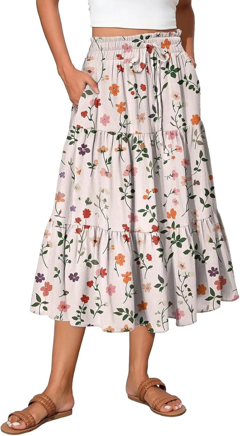 Midi Boho Floral Skirts for Women Trendy Tiered Comfy Flowy Drawstring High Elastic Waist A Line Skirt Skorts with Pockets
