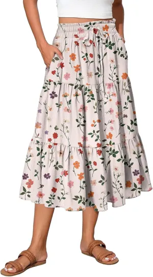 Midi Boho Floral Skirts for Women Trendy Tiered Comfy Flowy Drawstring High Elastic Waist A Line Skirt Skorts with Pockets