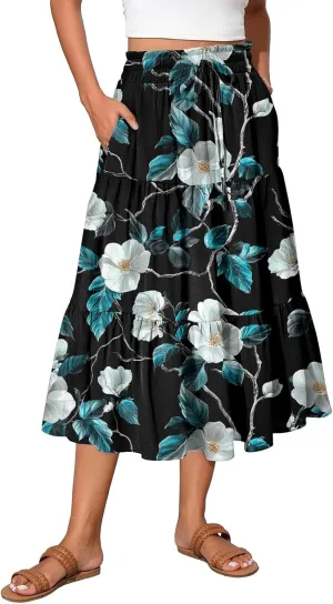 Midi Boho Floral Skirts for Women Trendy Tiered Comfy Flowy Drawstring High Elastic Waist A Line Skirt Skorts with Pockets
