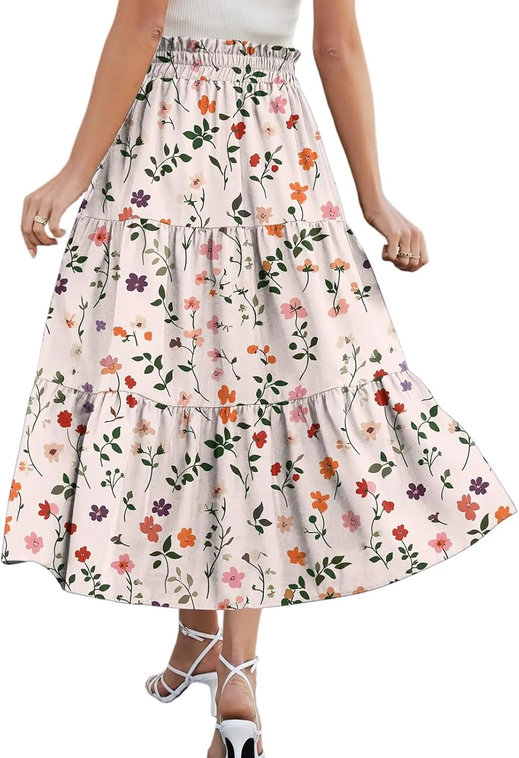 Midi Boho Floral Skirts for Women Trendy Tiered Comfy Flowy Drawstring High Elastic Waist A Line Skirt Skorts with Pockets