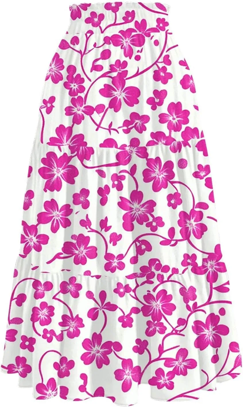 Midi Boho Floral Skirts for Women Trendy Tiered Drawstring High Elastic Waist A Line Skirt Comfy Flowy Skorts with Pockets