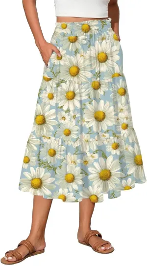 Midi Boho Floral Skirts for Women Trendy Tiered Drawstring High Elastic Waist A Line Skirt Comfy Flowy Skorts with Pockets