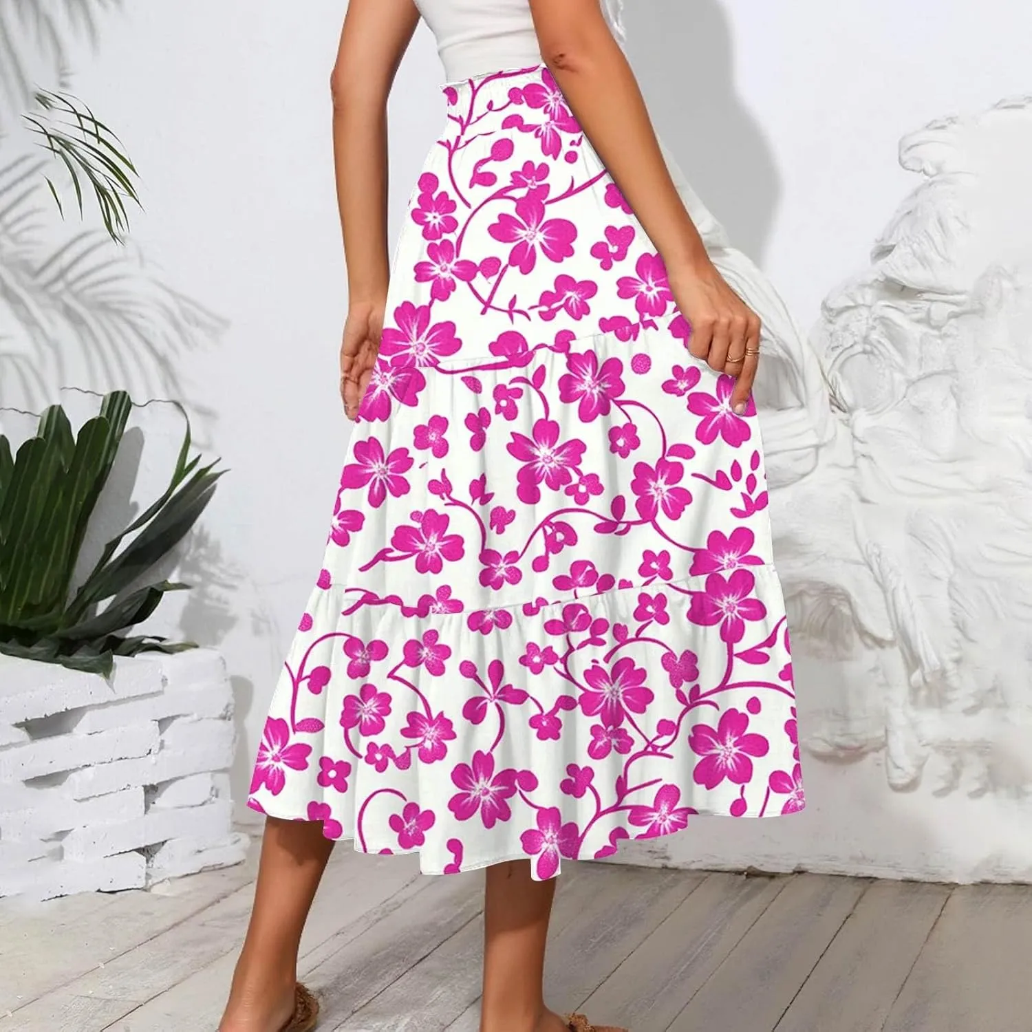 Midi Boho Floral Skirts for Women Trendy Tiered Drawstring High Elastic Waist A Line Skirt Comfy Flowy Skorts with Pockets