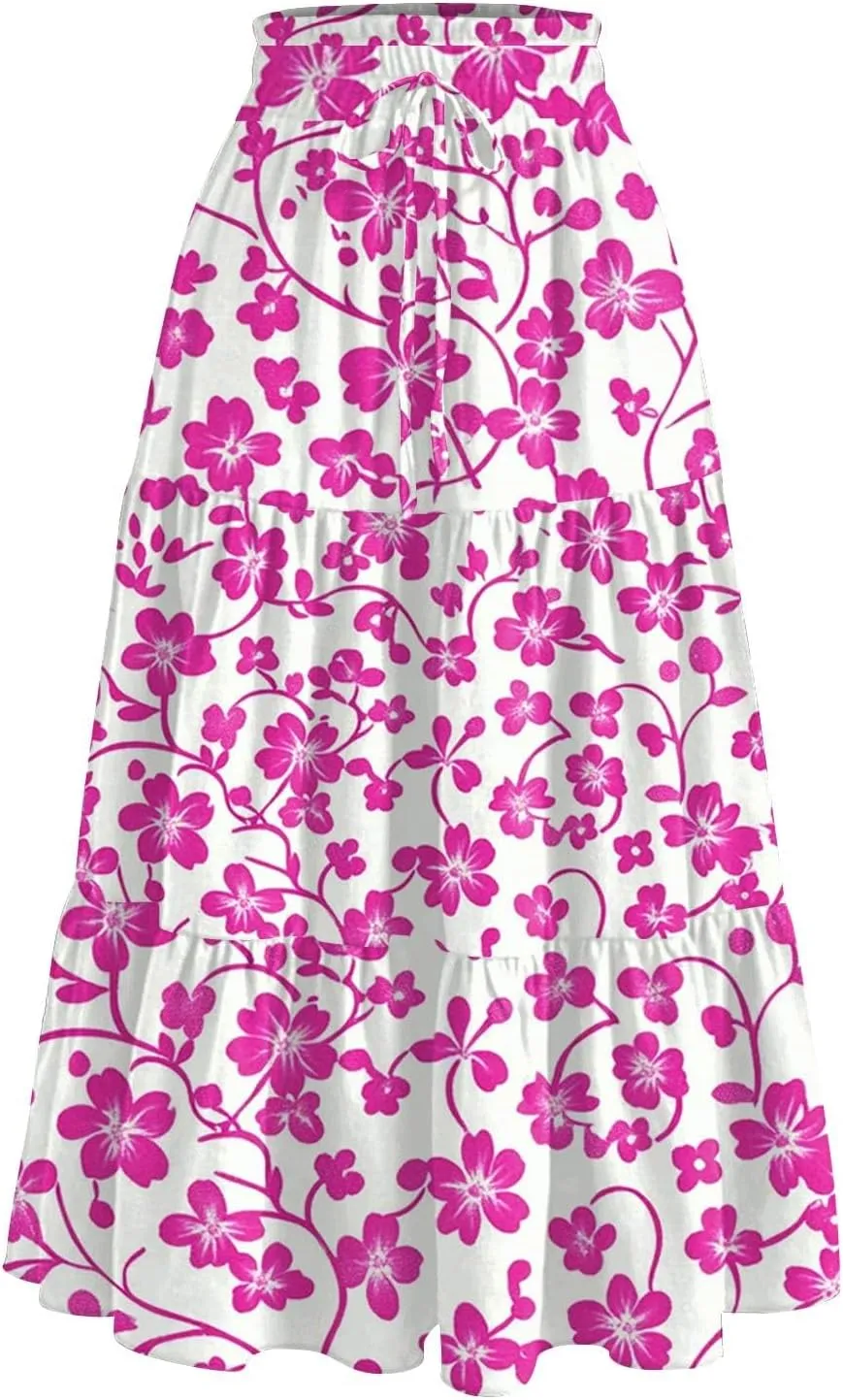 Midi Boho Floral Skirts for Women Trendy Tiered Drawstring High Elastic Waist A Line Skirt Comfy Flowy Skorts with Pockets
