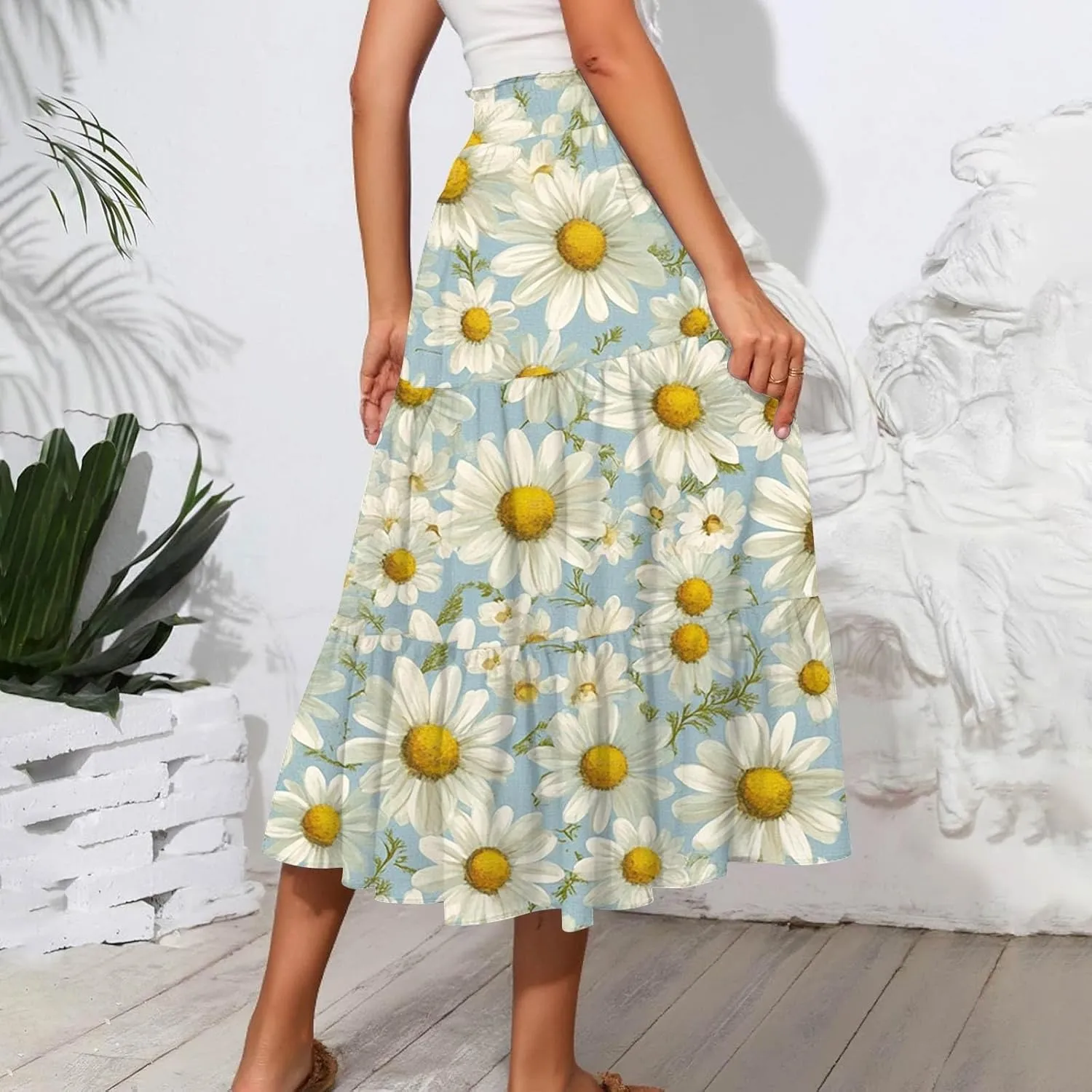 Midi Boho Floral Skirts for Women Trendy Tiered Drawstring High Elastic Waist A Line Skirt Comfy Flowy Skorts with Pockets