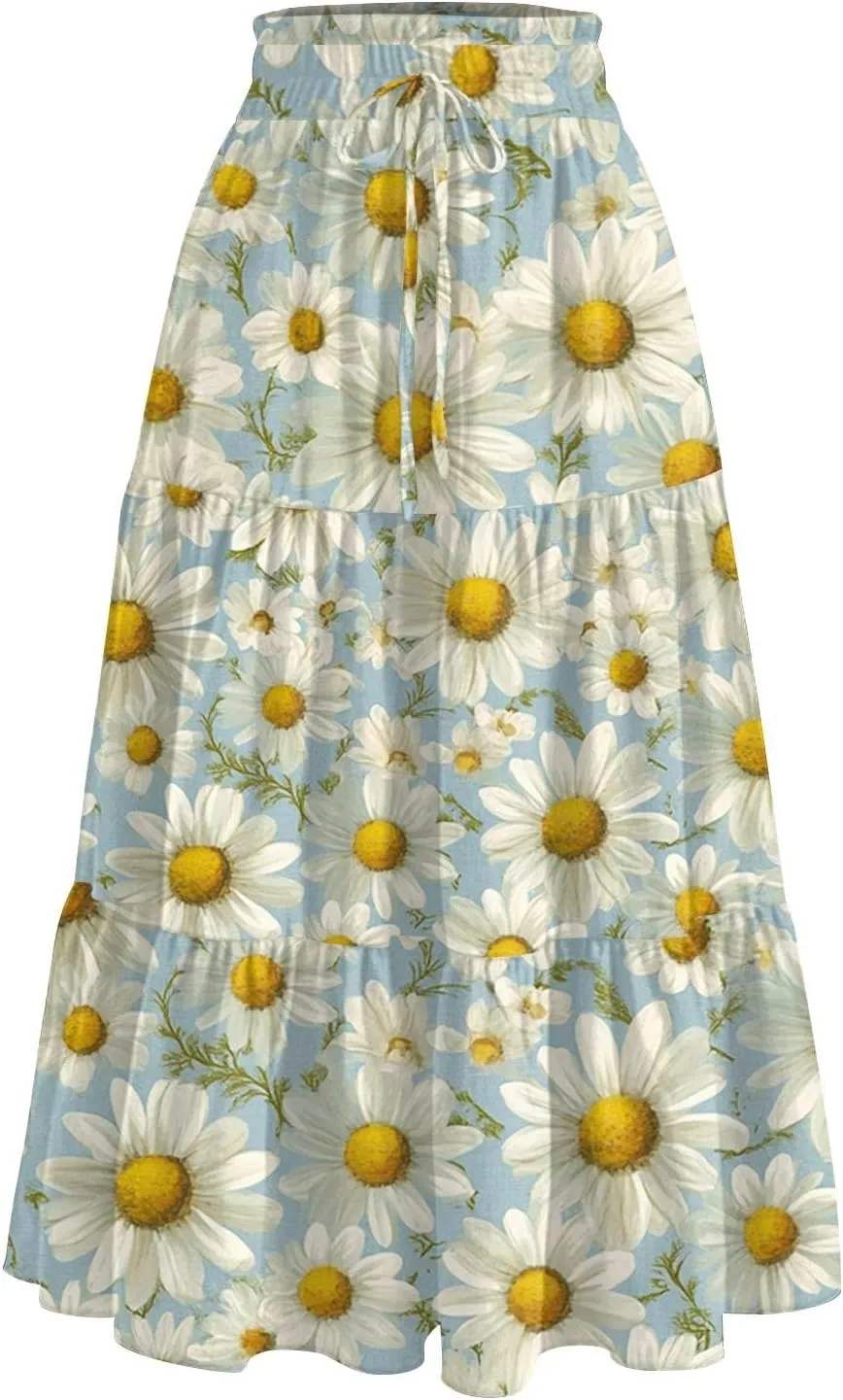 Midi Boho Floral Skirts for Women Trendy Tiered Drawstring High Elastic Waist A Line Skirt Comfy Flowy Skorts with Pockets