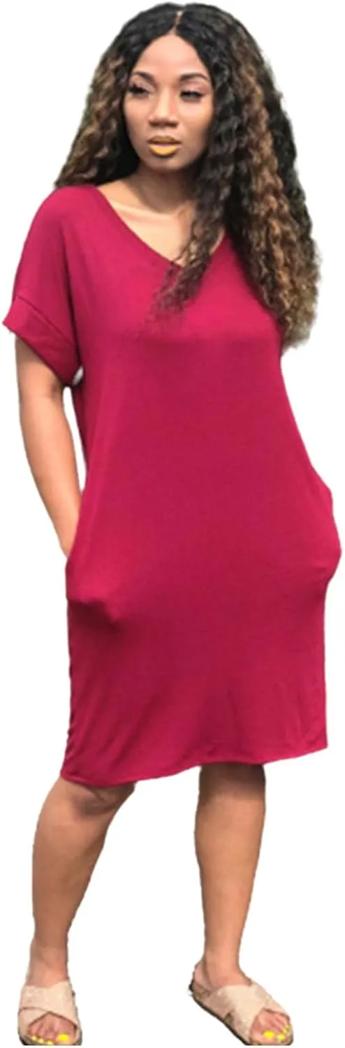 Midi Dresses for Women V Neck Short Sleeve Tshirt Dress with Pockets Casual Solid Maternity Dress Summer Dresses